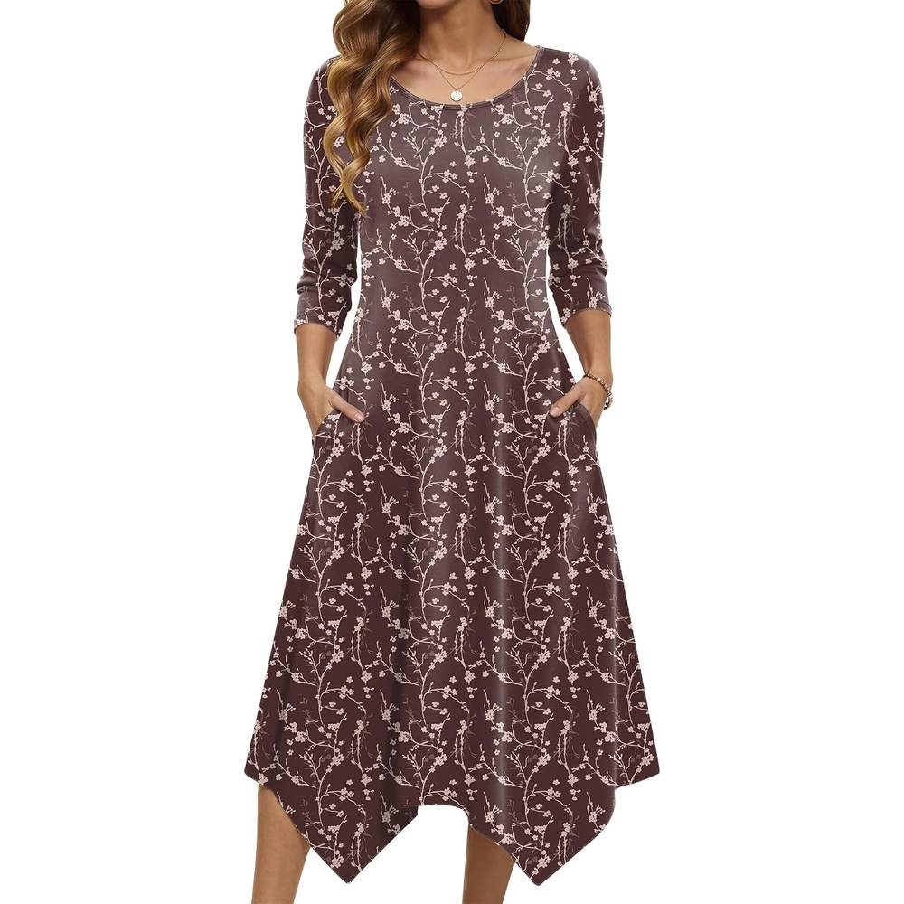 image:imageZeagoo Midi Dresses Women 2026 Dress 34 Sleeve Casual Dresses with Pockets A Line Summer Beach SundressCoffee