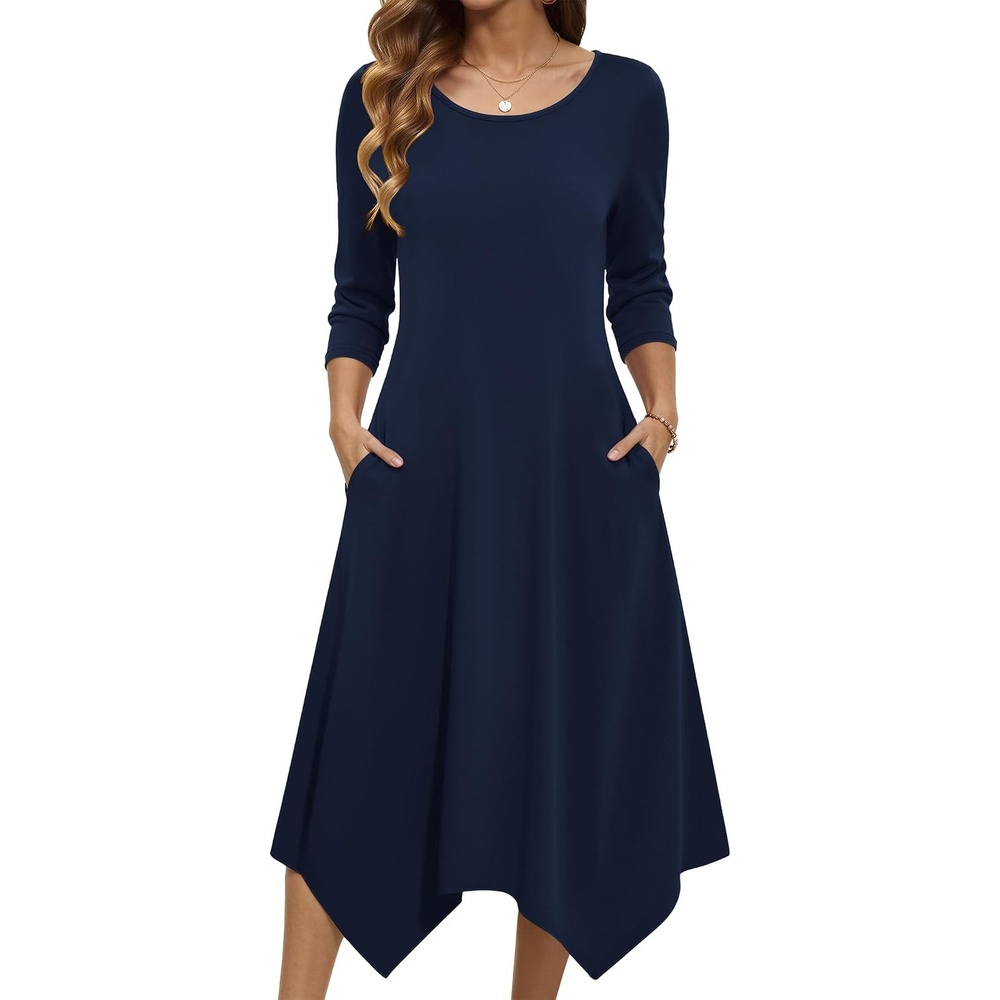 image:imageZeagoo Midi Dresses Women 2026 Dress 34 Sleeve Casual Dresses with Pockets A Line Summer Beach SundressDark Blue