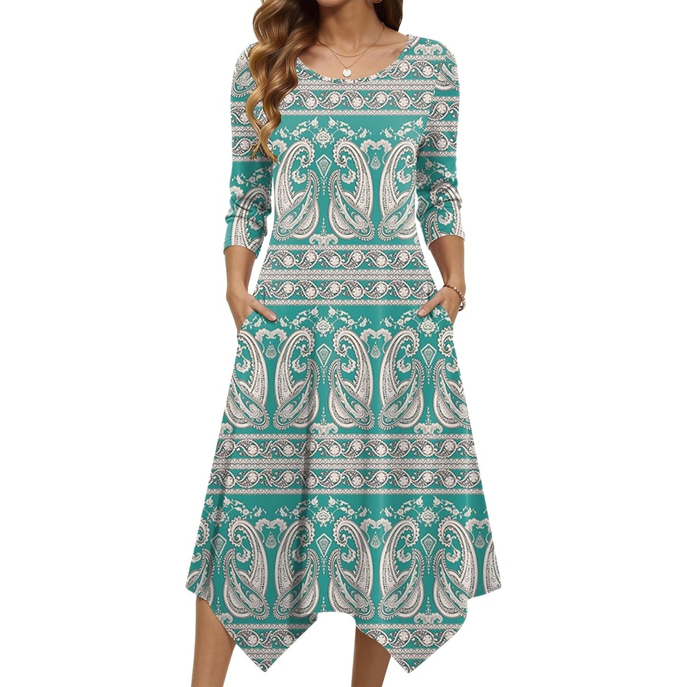 image:imageZeagoo Midi Dresses Women 2026 Dress 34 Sleeve Casual Dresses with Pockets A Line Summer Beach SundressEthnic Green Apricot