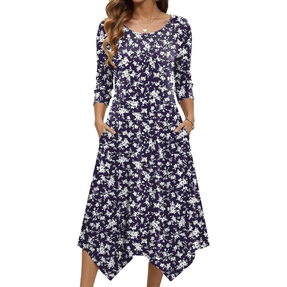 image:imageZeagoo Midi Dresses Women 2026 Dress 34 Sleeve Casual Dresses with Pockets A Line Summer Beach SundressFlower Branch