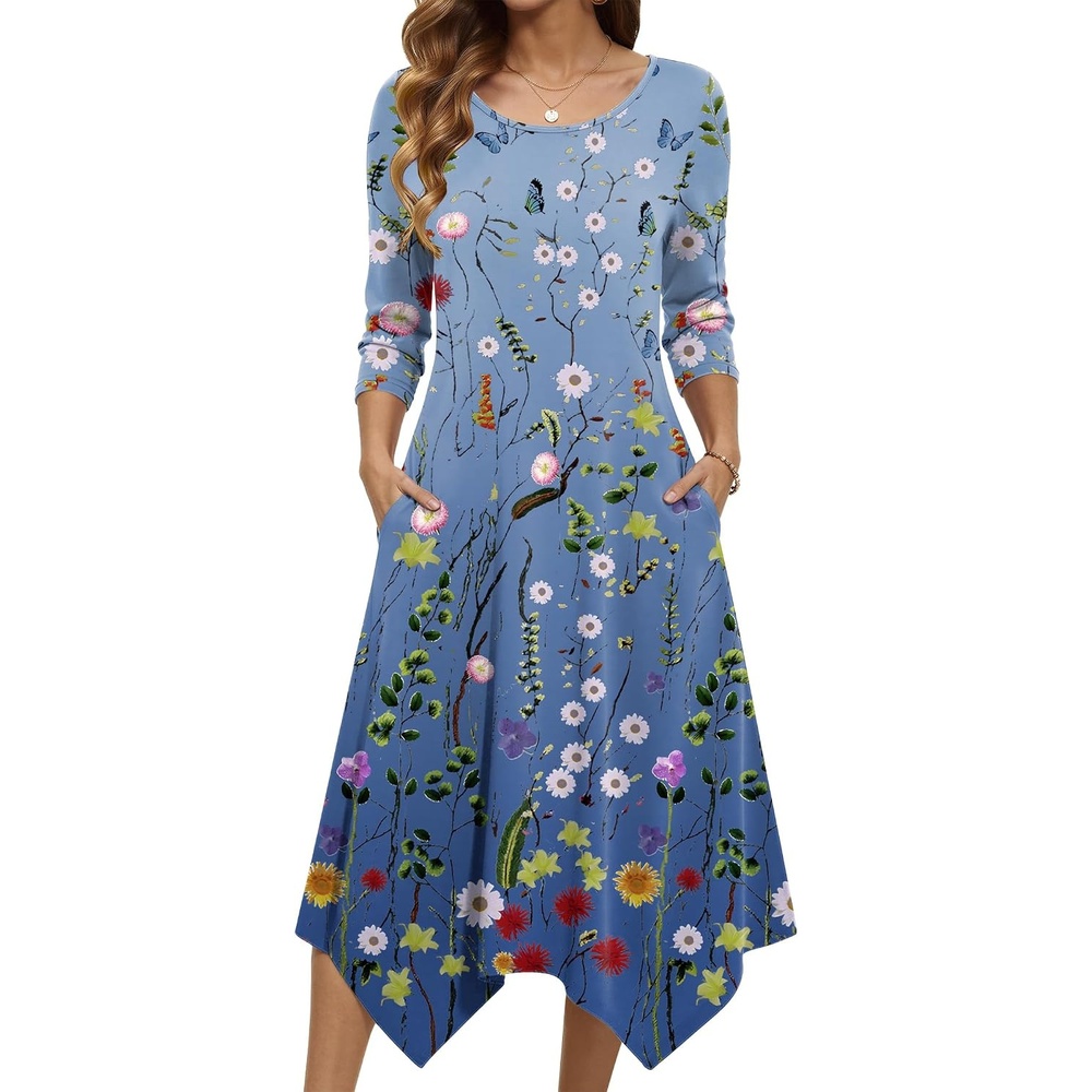 image:imageZeagoo Midi Dresses Women 2026 Dress 34 Sleeve Casual Dresses with Pockets A Line Summer Beach SundressGradient Blue