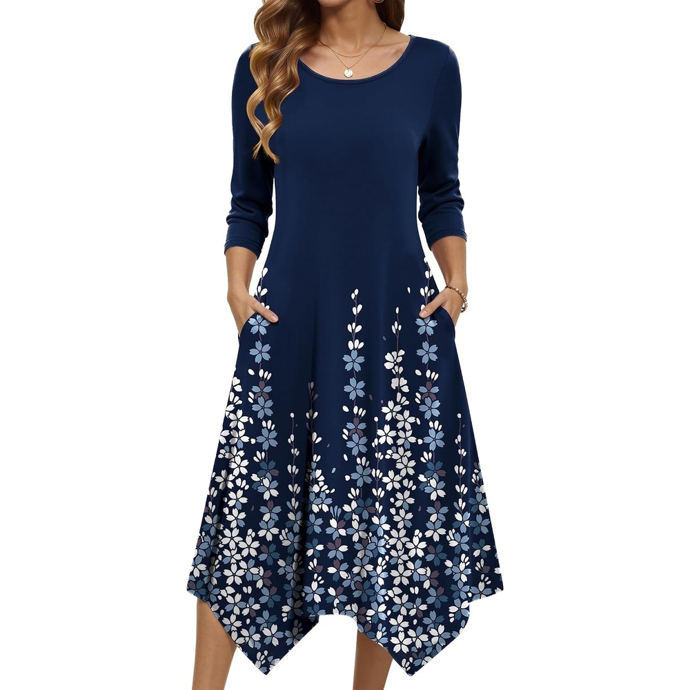 image:imageZeagoo Midi Dresses Women 2026 Dress 34 Sleeve Casual Dresses with Pockets A Line Summer Beach SundressNavy Blue Floral