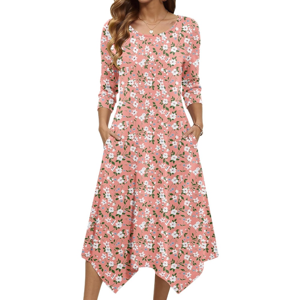 image:imageZeagoo Midi Dresses Women 2026 Dress 34 Sleeve Casual Dresses with Pockets A Line Summer Beach SundressPink Floral