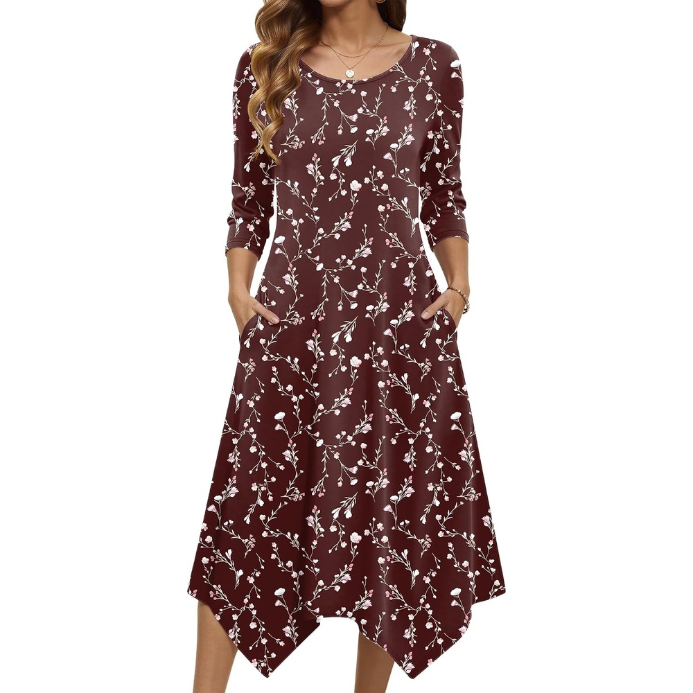 image:imageZeagoo Midi Dresses Women 2026 Dress 34 Sleeve Casual Dresses with Pockets A Line Summer Beach SundressRed Printing