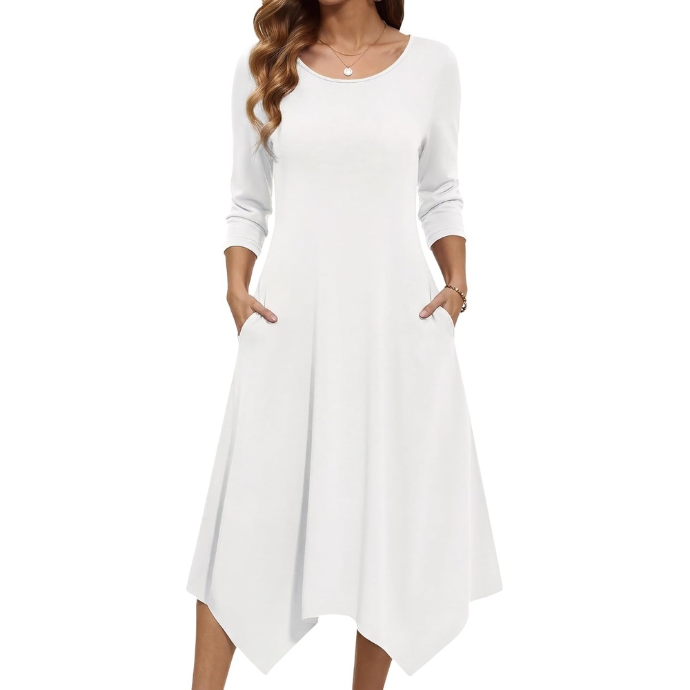 image:imageZeagoo Midi Dresses Women 2026 Dress 34 Sleeve Casual Dresses with Pockets A Line Summer Beach SundressWhite