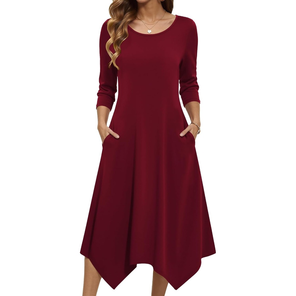 image:imageZeagoo Midi Dresses Women 2026 Dress 34 Sleeve Casual Dresses with Pockets A Line Summer Beach SundressWine Red