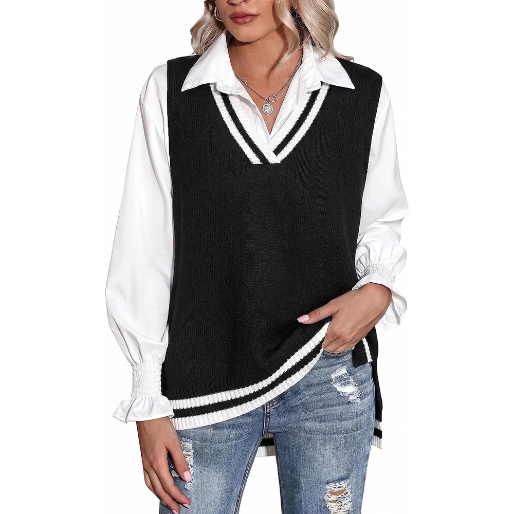image:imageZeagoo Sweater Vest Women Sleeveless V Neck Oversized Pullover Knitted Tops 2026 Fall OutfitsBlack White