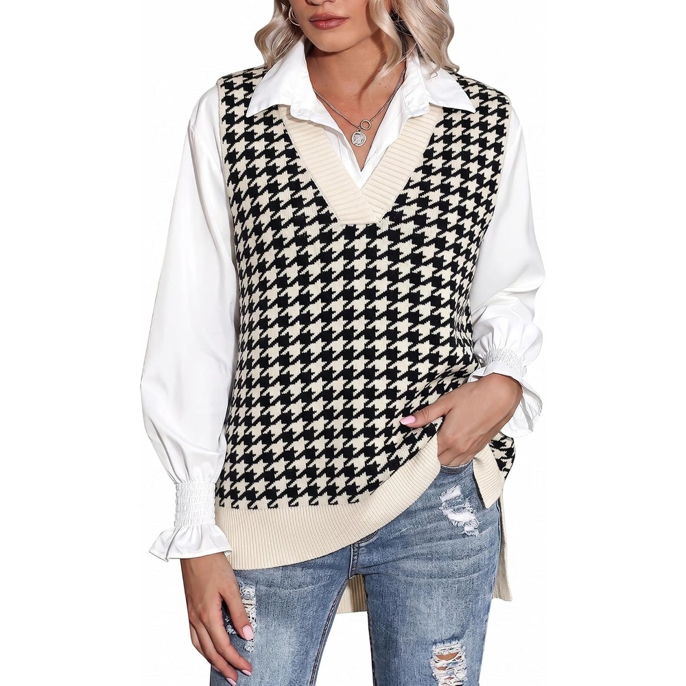 image:imageZeagoo Sweater Vest Women Sleeveless V Neck Oversized Pullover Knitted Tops 2026 Fall OutfitsHoundstooth Black and Cream