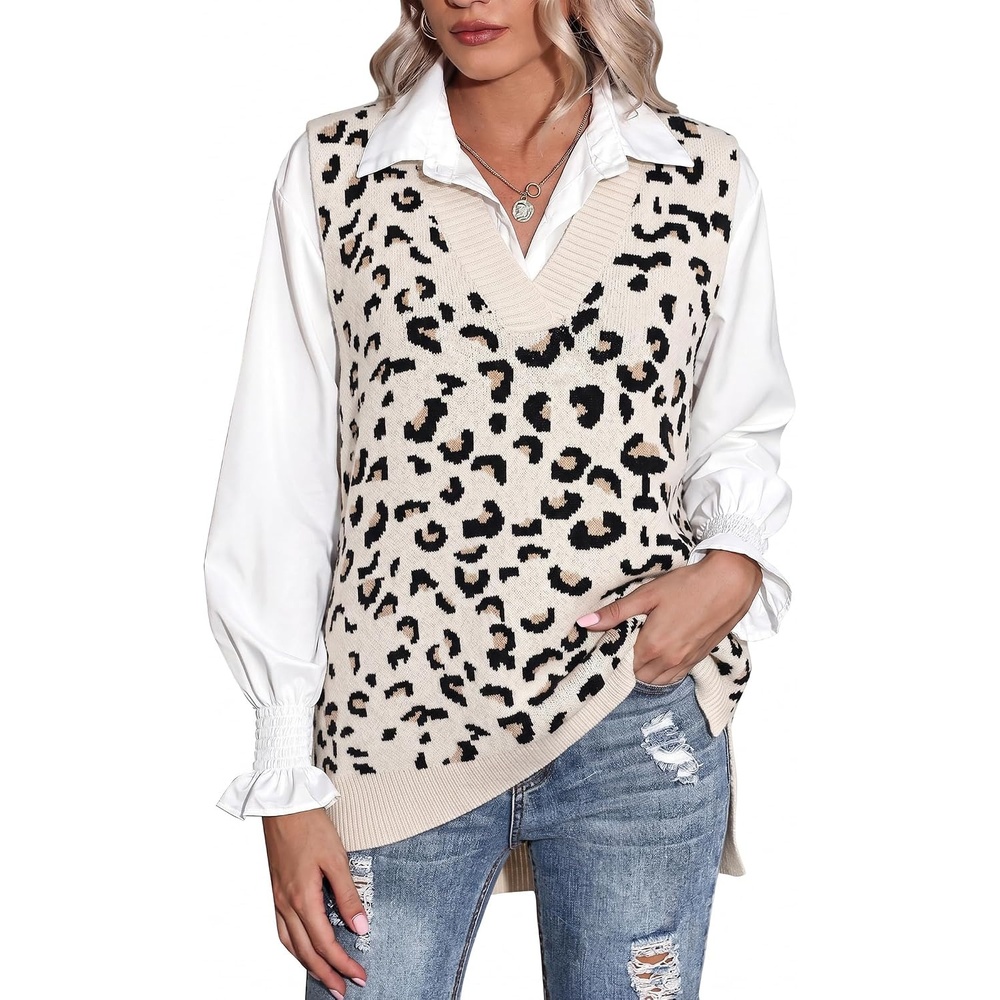 image:imageZeagoo Sweater Vest Women Sleeveless V Neck Oversized Pullover Knitted Tops 2026 Fall OutfitsLeopard Apricot