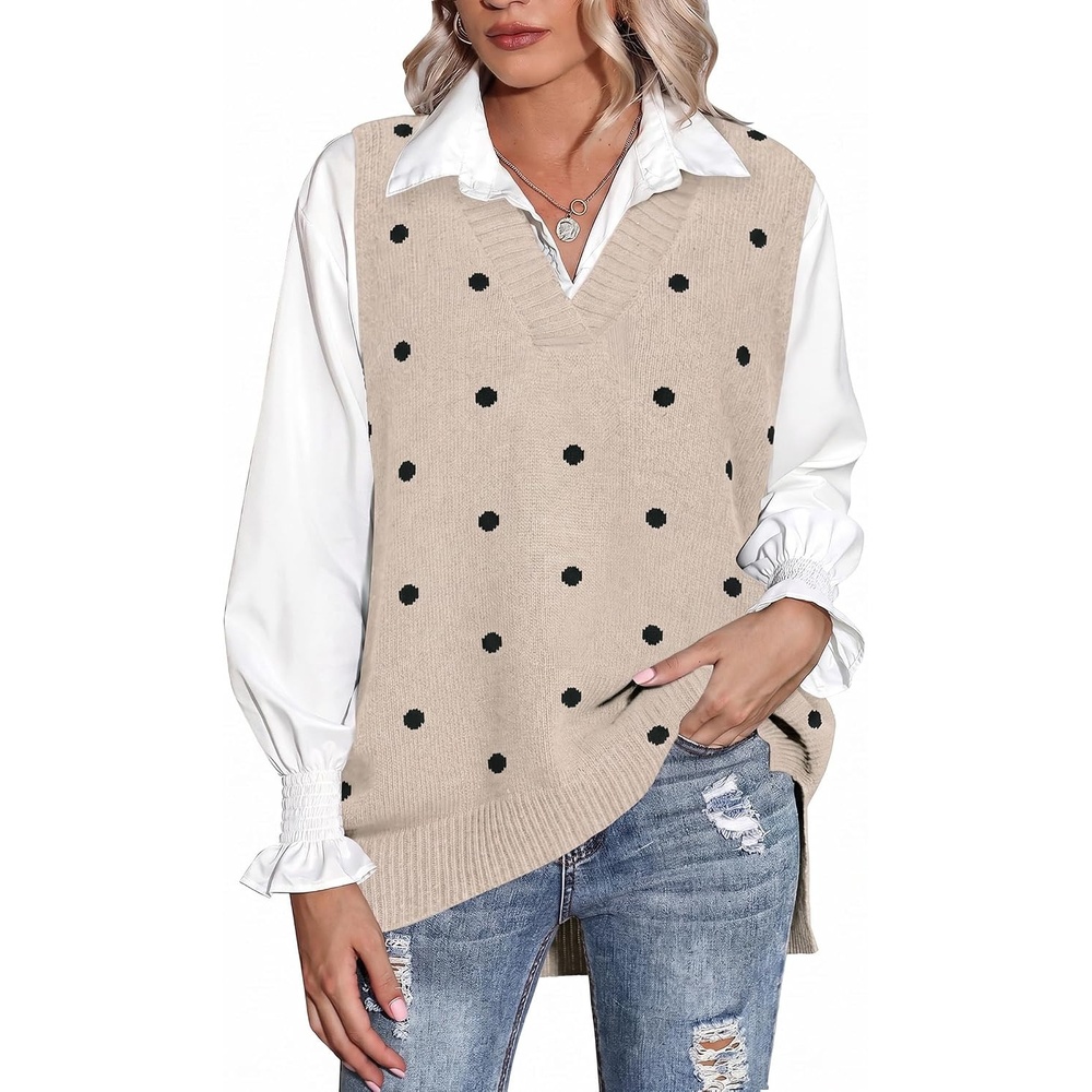 image:imageZeagoo Sweater Vest Women Sleeveless V Neck Oversized Pullover Knitted Tops 2026 Fall OutfitsPolka Dots Apricot
