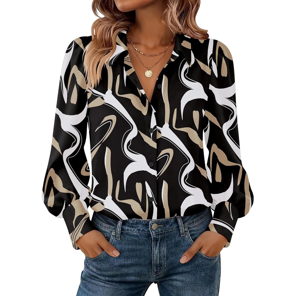 image:imageZeagoo Women Button Down Shirts Lantern Long Sleeve Tops Business Casual Chiffon Blouses Trendy Work ClothesCx312