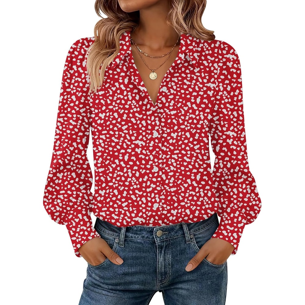 image:imageZeagoo Women Button Down Shirts Lantern Long Sleeve Tops Business Casual Chiffon Blouses Trendy Work ClothesJh590red