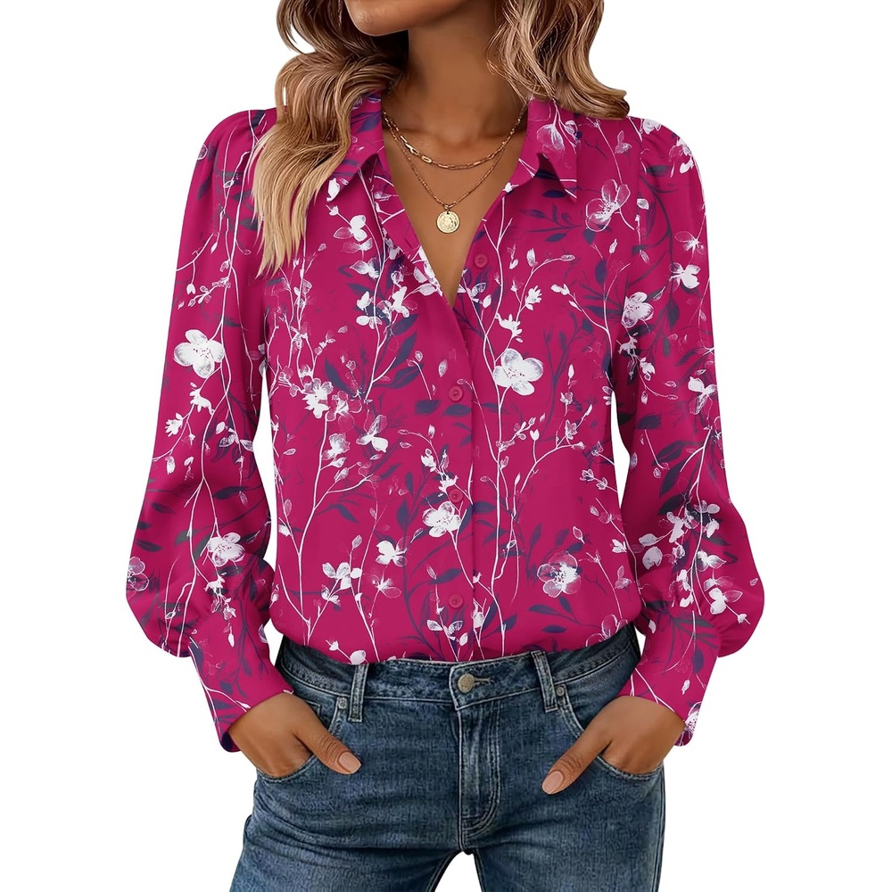 image:imageZeagoo Women Button Down Shirts Lantern Long Sleeve Tops Business Casual Chiffon Blouses Trendy Work ClothesSf243rose Red