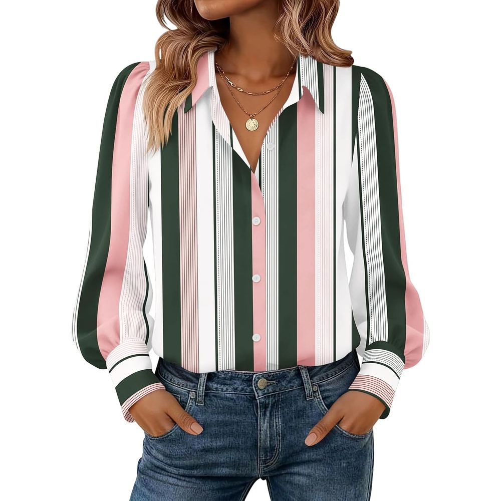 image:imageZeagoo Women Button Down Shirts Lantern Long Sleeve Tops Business Casual Chiffon Blouses Trendy Work ClothesTz264stripe