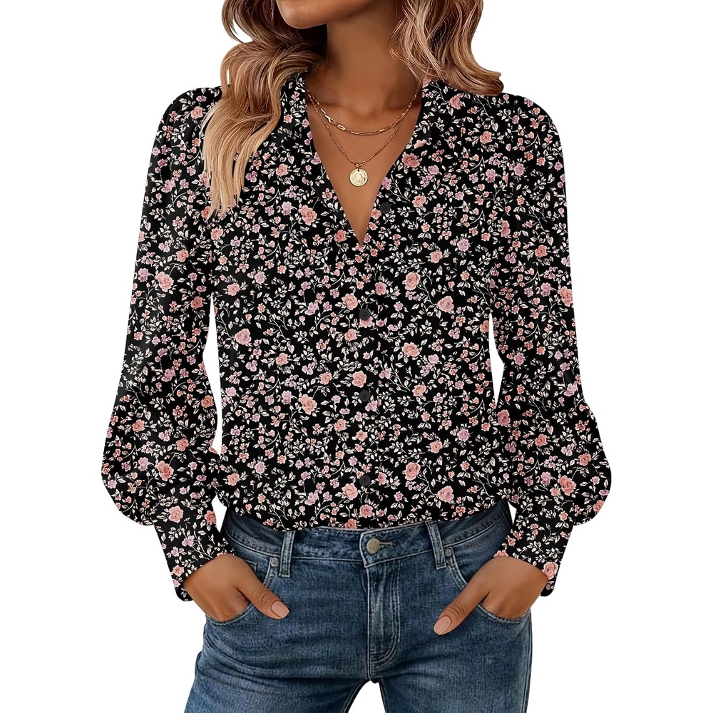 image:imageZeagoo Women Button Down Shirts Lantern Long Sleeve Tops Business Casual Chiffon Blouses Trendy Work ClothesXh532black