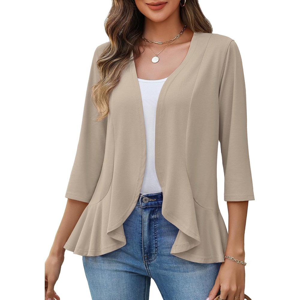 image:imageZeagoo Womens 2026 Summer 34 Sleeve Lightweight Cardigans Open Front Draped Ruffles Kimono CoverupsApricot