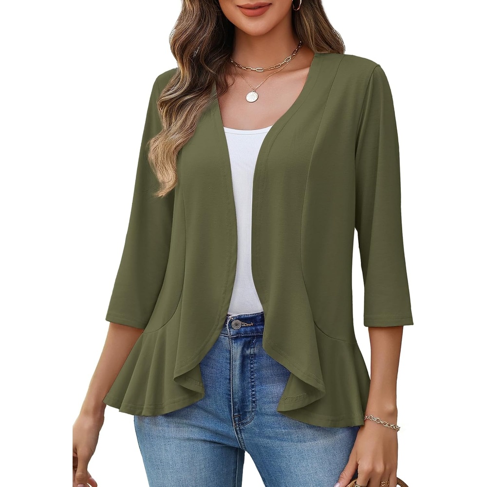 image:imageZeagoo Womens 2026 Summer 34 Sleeve Lightweight Cardigans Open Front Draped Ruffles Kimono CoverupsArmy Green