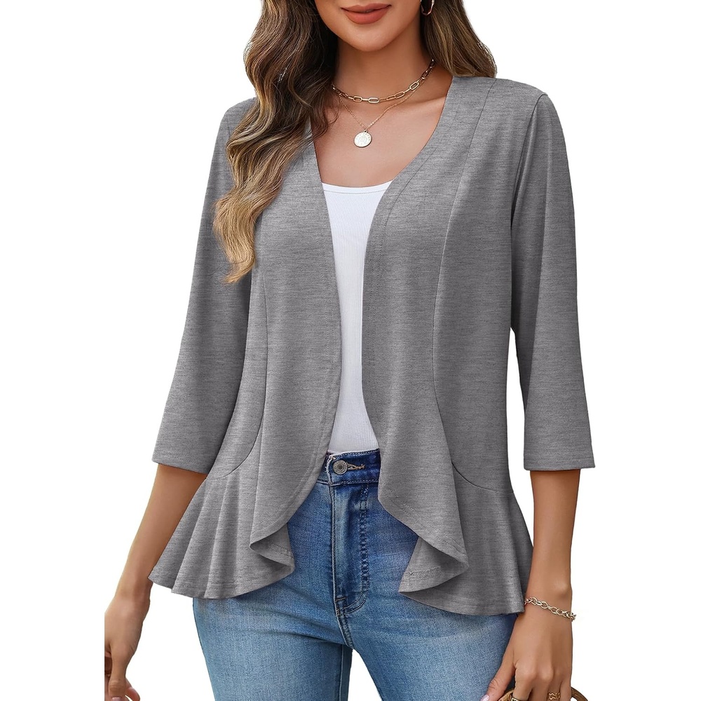image:imageZeagoo Womens 2026 Summer 34 Sleeve Lightweight Cardigans Open Front Draped Ruffles Kimono CoverupsGrey