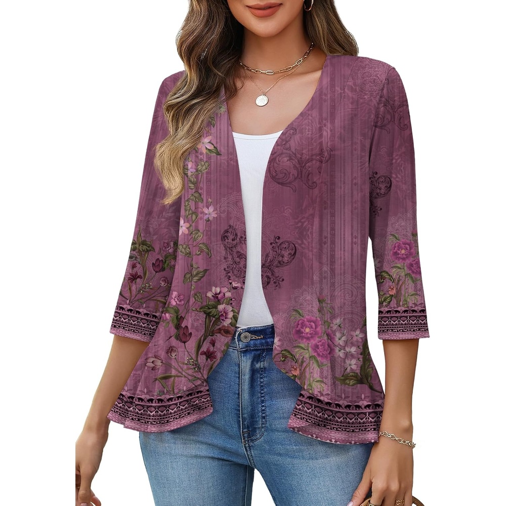 image:imageZeagoo Womens 2026 Summer 34 Sleeve Lightweight Cardigans Open Front Draped Ruffles Kimono CoverupsMz841