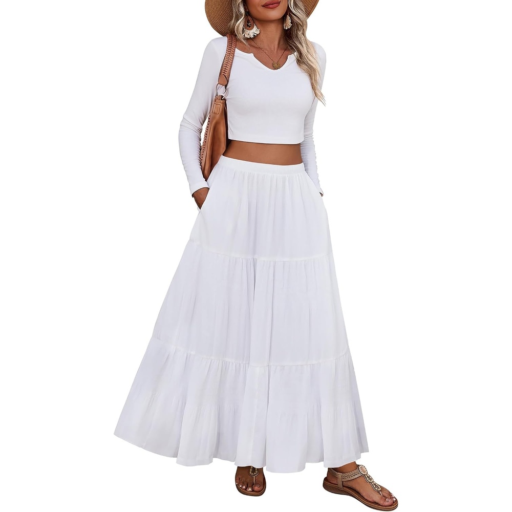 image:imageZeagoo Womens Maxi Skirt Chiffon Elastic High Waist Pockets Pleated ALine Flowy Skirts01white