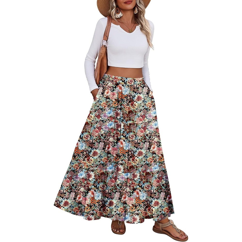 image:imageZeagoo Womens Maxi Skirt Chiffon Elastic High Waist Pockets Pleated ALine Flowy Skirts04wf66