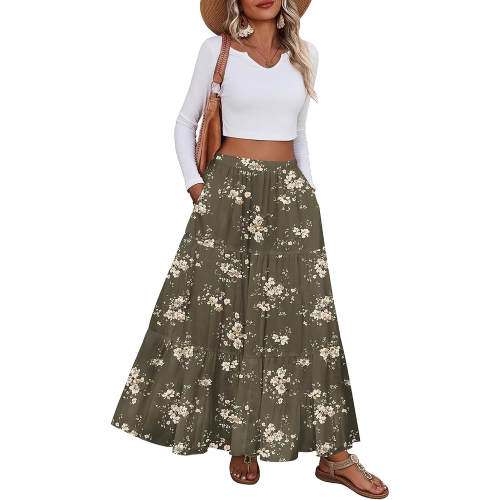 image:imageZeagoo Womens Maxi Skirt Chiffon Elastic High Waist Pockets Pleated ALine Flowy SkirtsBf387