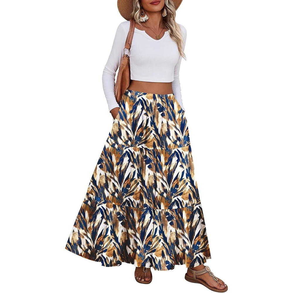 image:imageZeagoo Womens Maxi Skirt Chiffon Elastic High Waist Pockets Pleated ALine Flowy SkirtsCx354