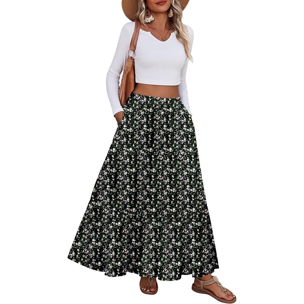 image:imageZeagoo Womens Maxi Skirt Chiffon Elastic High Waist Pockets Pleated ALine Flowy SkirtsXh577