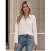 Zeagoo Button Down Shirts for Women Long Sleeve Tops Striped Solid Blouses | Collared V Neck Shirts Button Up Shirt Dressy Casual Blouses Cute Summer Fall Fashion Clothes Office Work Tops Spring Outfits(Khaki Striped-tz422)