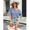 Zeagoo Women’s Summer Crochet Off the Shoulder Hollow Out Knit Tops 2026 V Neck 3/4 Sleeve Sweater Top(Light Blue)
