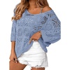 Zeagoo Women’s Summer Crochet Off the Shoulder Hollow Out Knit Tops 2026 V Neck 3/4 Sleeve Sweater Top(Light Blue)