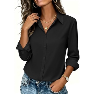Womens Button Down Shirt Classic Fit Dress Shirt Work Business Casual Long Sleeve Blouse Tops(A-black)