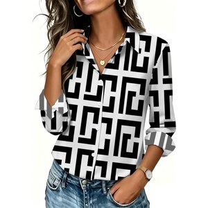Womens Button Down Shirt Classic Fit Dress Shirt Work Business Casual Long Sleeve Blouse Tops(Black White Geometric Print)