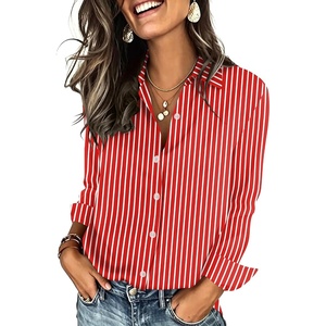 Zeagoo Button Down Shirts for Women Long Sleeve Tops Striped Solid Blouses | Collared V Neck Shirts Button Up Shirt Dressy Casual Blouses Cute Summer Fall Fashion Clothes Office Work Tops Spring Outfits(Red Striped-tw701)