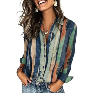Zeagoo Button Down Shirts for Women Long Sleeve Tops Striped Solid Blouses | Collared V Neck Shirts Button Up Shirt Dressy Casual Blouses Cute Summer Fall Fashion Clothes Office Work Tops Spring Outfits(Boho Striped-cx289)