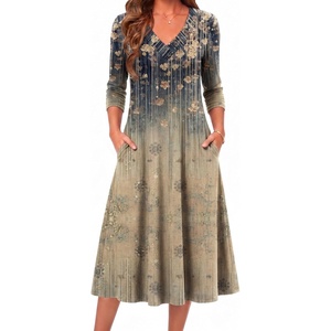 Zeagoo Fall Dresses for Women Long Sleeve Midi Dress Casual A Line Dress 2026 V Neck Flare Dress with Pockets(Leaf Print)
