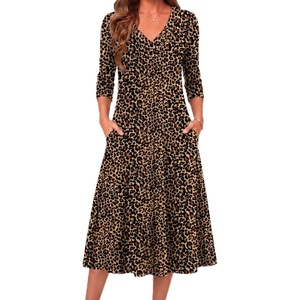 Zeagoo Fall Dresses for Women Long Sleeve Midi Dress Casual A Line Dress 2026 V Neck Flare Dress with Pockets(Leopard Print)