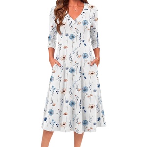 Zeagoo Fall Dresses for Women Long Sleeve Midi Dress Casual A Line Dress 2026 V Neck Flare Dress with Pockets(White Floral)