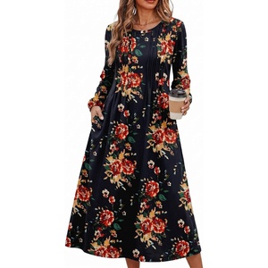 Zeagoo Fall Dresses for Women Long Sleeve Midi Dress Casual A Line Dresses 2026 Pleated Flare Dress with Pockets(Black Floral 02)
