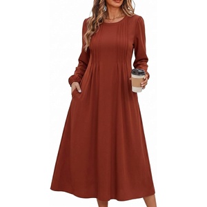 Zeagoo Fall Dresses for Women Long Sleeve Midi Dress Casual A Line Dresses 2026 Pleated Flare Dress with Pockets(Caramel)