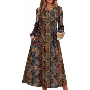 Zeagoo Fall Dresses for Women Long Sleeve Midi Dress Casual A Line Dresses 2026 Pleated Flare Dress with Pockets(Chic Brown Printed)