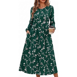 Zeagoo Fall Dresses for Women Long Sleeve Midi Dress Casual A Line Dresses 2026 Pleated Flare Dress with Pockets(Deep Green Floral)
