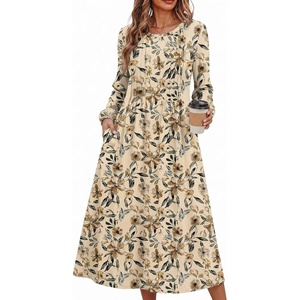 Zeagoo Fall Dresses for Women Long Sleeve Midi Dress Casual A Line Dresses 2026 Pleated Flare Dress with Pockets(Khaki Floral)
