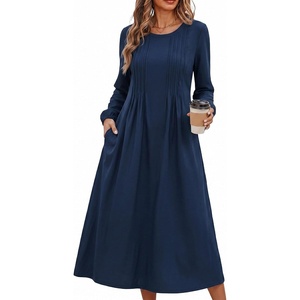 Zeagoo Fall Dresses for Women Long Sleeve Midi Dress Casual A Line Dresses 2026 Pleated Flare Dress with Pockets(Navy Blue)