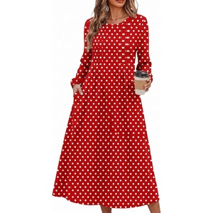 Zeagoo Fall Dresses for Women Long Sleeve Midi Dress Casual A Line Dresses 2026 Pleated Flare Dress with Pockets(Red Polka Dot)