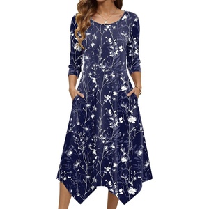 Zeagoo Midi Dresses Women 2026 Dress 3/4 Sleeve Casual Dresses with Pockets A Line Summer Beach Sundress(Blue Flower)