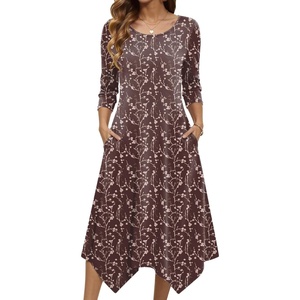 Zeagoo Midi Dresses Women 2026 Dress 3/4 Sleeve Casual Dresses with Pockets A Line Summer Beach Sundress(Coffee)