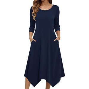 Zeagoo Midi Dresses Women 2026 Dress 3/4 Sleeve Casual Dresses with Pockets A Line Summer Beach Sundress(Dark Blue)