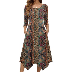 Zeagoo Midi Dresses Women 2026 Dress 3/4 Sleeve Casual Dresses with Pockets A Line Summer Beach Sundress(Ethnic Brown)