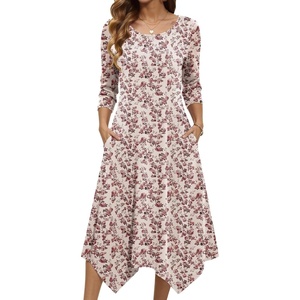 Zeagoo Midi Dresses Women 2026 Dress 3/4 Sleeve Casual Dresses with Pockets A Line Summer Beach Sundress(Floral Apricot)